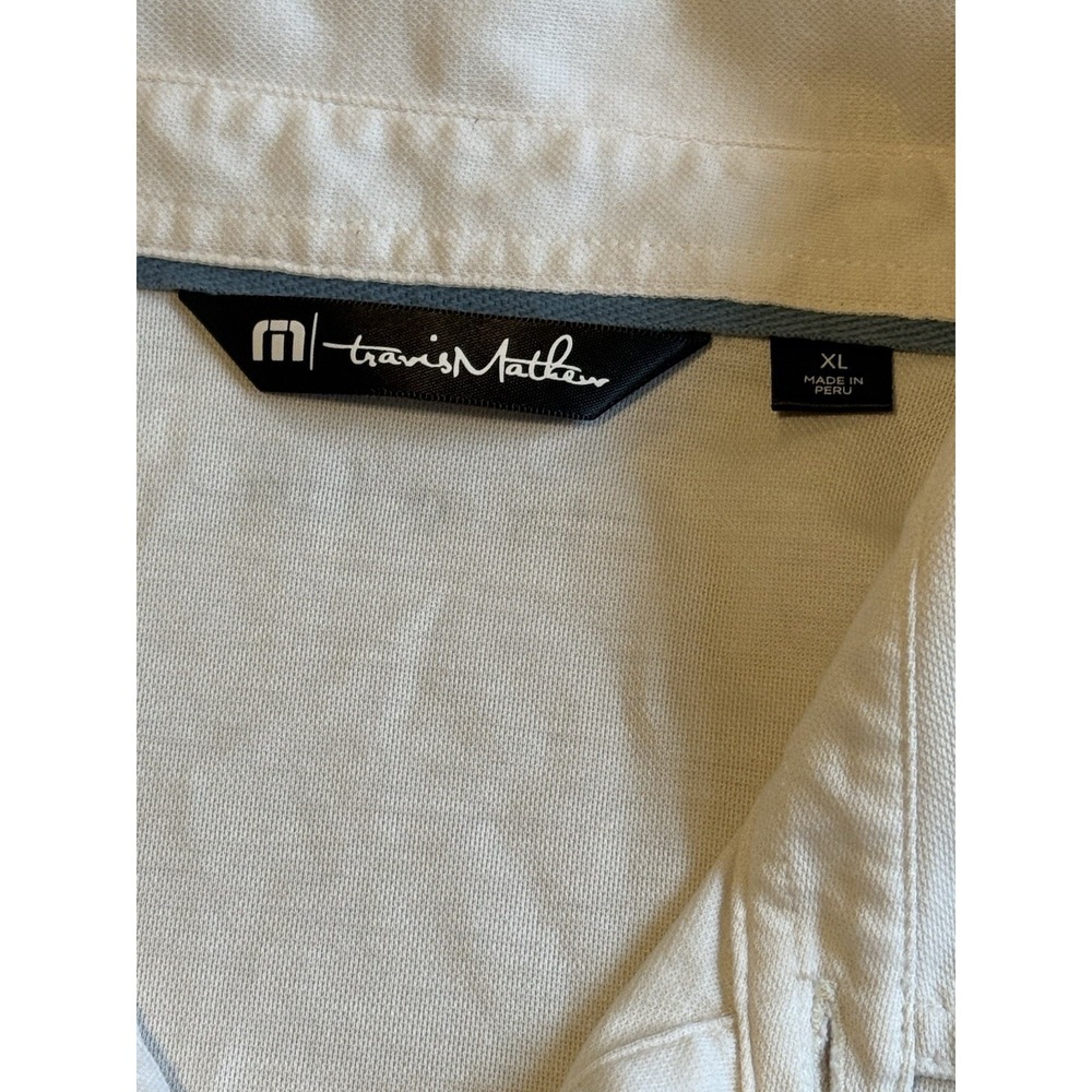 Travis Mathew Polo Shirt Mens XL White Striped Short Sleeve Regular Fit Golf - Picture 3 of 7
